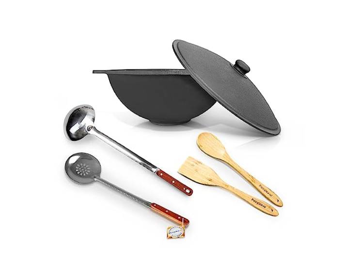 ZARENHOFF Gusseisen Kazan 16 L Uzbekisch mit Aluminiumdeckel, 44-47 cm, Holzlöffel: 1 Stk., Schaumlöffel für Plov, 48 cm, Spachtel aus Holz, Kochtopf WOK Plov плов казан Kasan