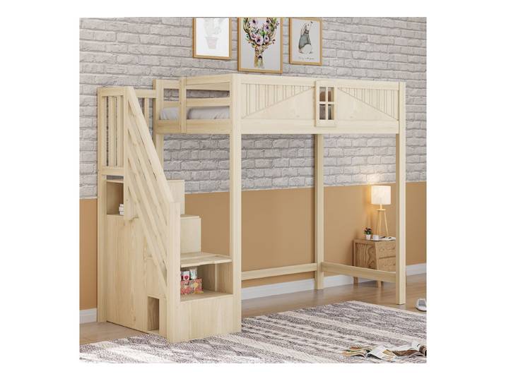 Flieks Hochbett Kinderbett 90x200cm mit Stauraumtreppe (Links und Rechts Austauschbar)