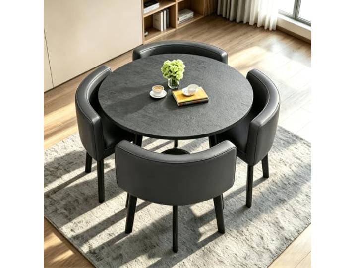 AMZSEW Runder Esstisch mit 4 Stühlen – Essgruppe 4 Personen, moderner küchentisch Set platzsparend Kleiner Esstisch für Küche, Wohnzimmer kleine Räume Robustes Esszimmer Set Grey
