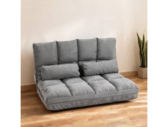 Chauffeuse convertible avec dossier inclinable et 2 coussins aspect suédé polyester gris