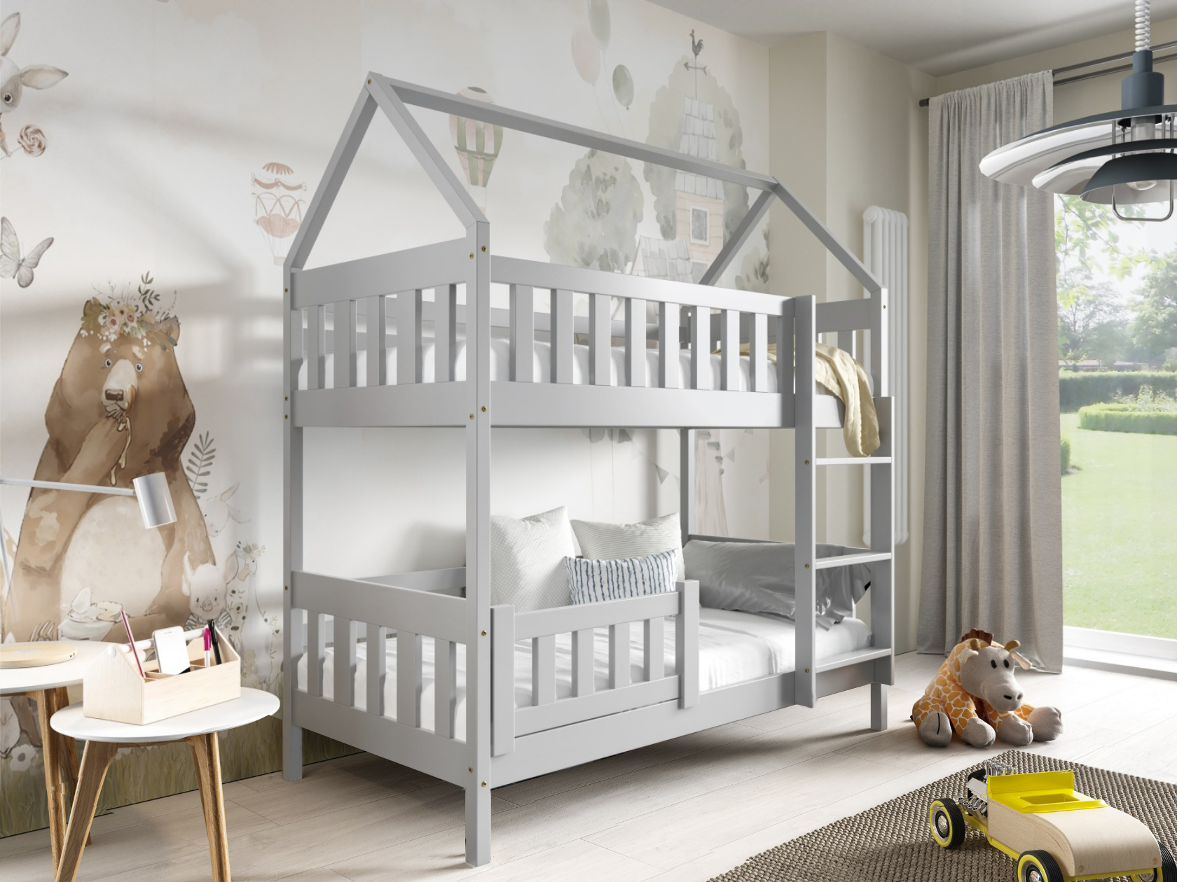 MTJMöbel Etagenbett ZUZIA 160x80cm, Hausbett, Kinderbett, Massivholzbett, Stockbett, Grau Holz