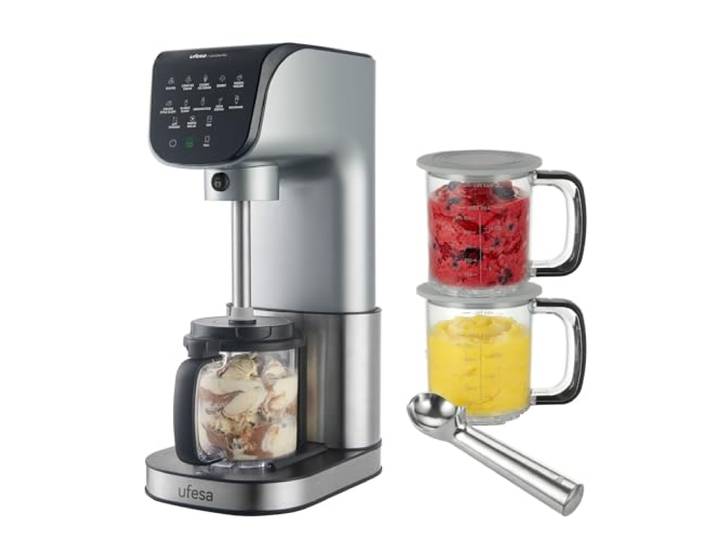 Ufesa Gelatella, Multifunktions‑Eismaschine, Brushless‑Motor, 1,4 L, 11 Programme, Touchscreen, Eiscreme, Kaltgetränke, Smoothies, Shakes, Sorbet, 2 Tritan‑Behälter, CreamPulse‑Technologie, Kompakt