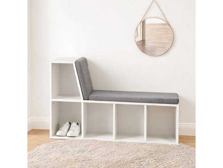 Bibliothèque banc blanche en panneaux de particules 5 compartiments 2 coussins - Blanc Panneaux de particules 108 x 30 x 60 cm