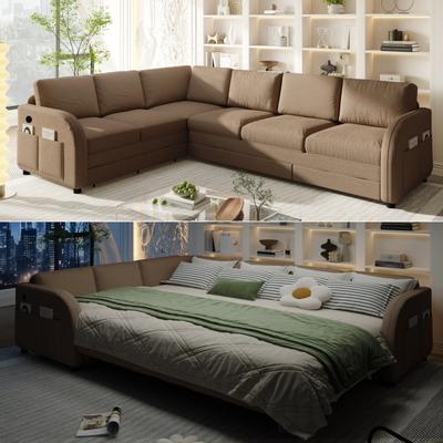 Loedds 115.2-Inch Reversible L-Shaped Sherpa Sleeper Sofa Bed with USB and Side Pockets