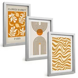 BILDER SET 3er Set - 20x30 cm Silberner Rahmen - Poster mit geometrischen Pflanzenmustern