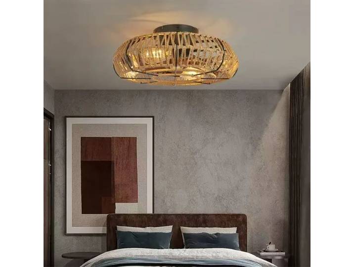 2025 américain rétro chambre ventilateur de plafond lumière télécommande salle à manger salon LED plafonnier chanvre corde artisanat Decoratio