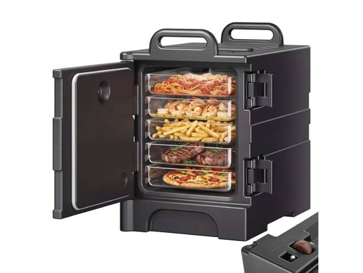VEVOR Conteneur Isotherme pour Bac Gastronorme 75 L\, Boîte de Transport Alimentaire Empilable\, Chargement Frontal\, avec Doubles Boucles et Poignées\, Porte-Plateaux pour Restauration Cantine\, Noir