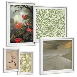 BILDER SET 5er Set - 50x50 cm & 20x30 cm & 40x60 cm Weißer Rahmen - Blumen und Vögel in natürlicher Umgebung