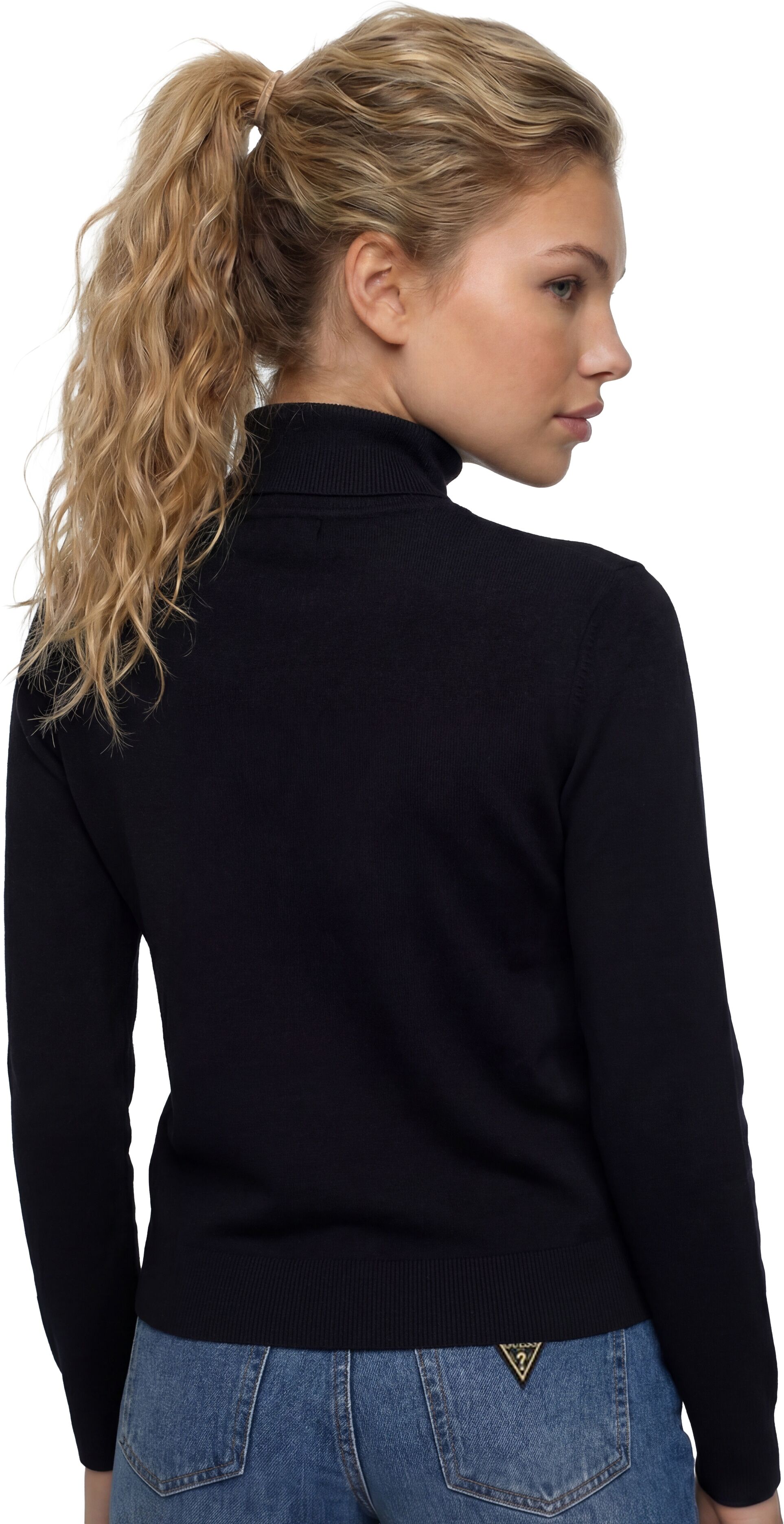 Rollkragenpullover GUESS "LS TN HALLIE TRIANGLE LOGO SWT", Damen, Gr. XL, jet schwarz a996, Feinstrick, Obermaterial: 82% Viskose, 16% Polyamid, 2% Elasthan, unifarben, hüftbedeckend, hoch geschlossener Ausschnitt, Rippstrickbündchen, Pullover Rollkragenp