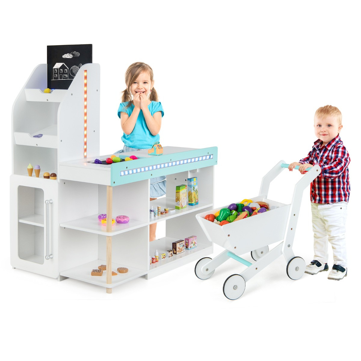 Costway Houten Supermarkt voor Kinderen met Kassa, Trolley en Schoolbord en LED-verlichting