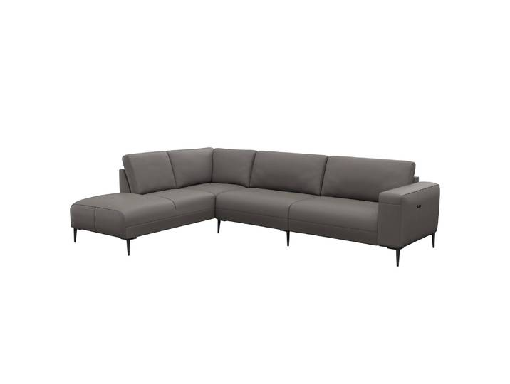 Ecksofa KEDRO mit Ottomane Grau/Grau Echtleder Danbi 290 x 79 x 203cm Ottomane davorstehend links Natur