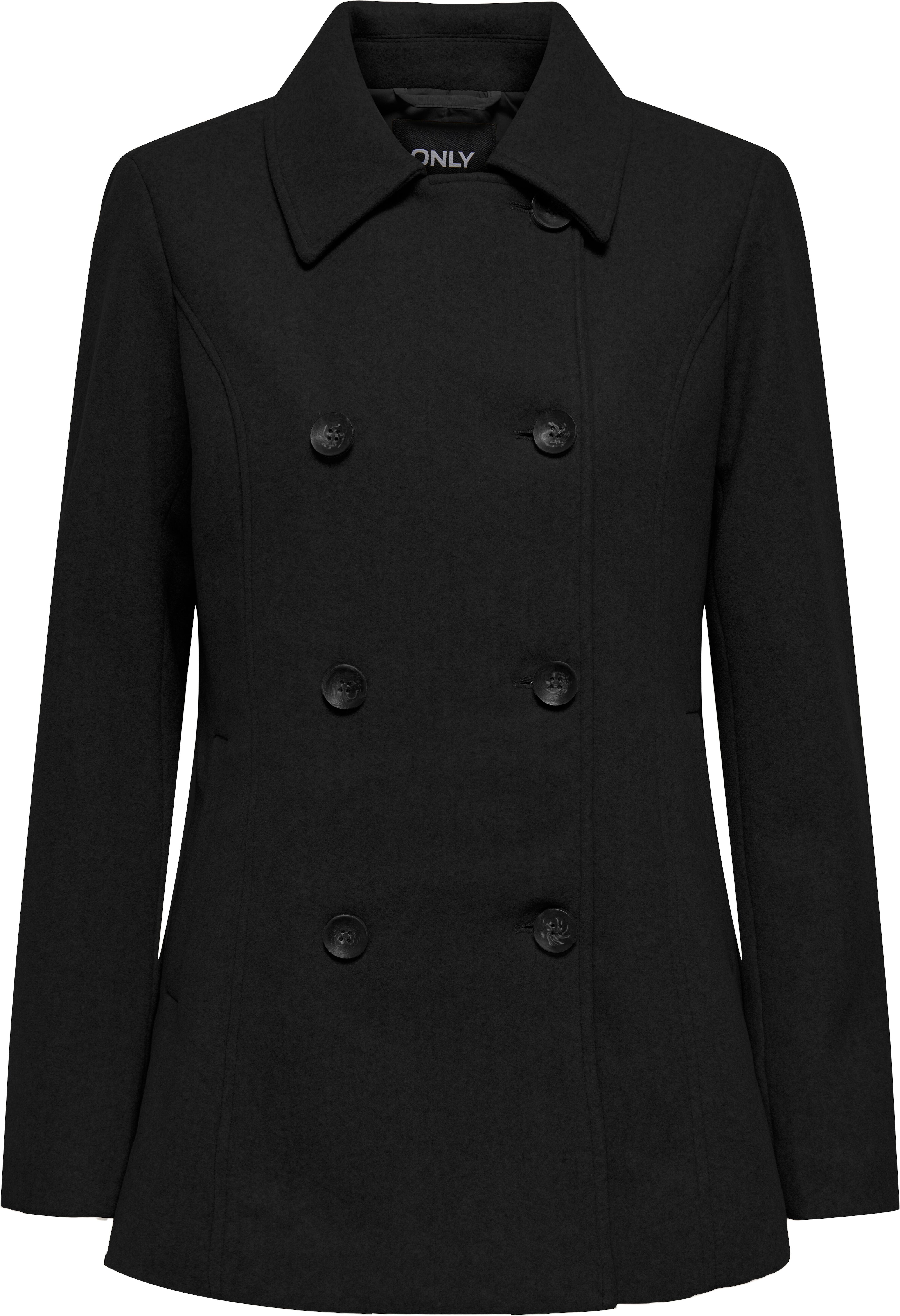 Kurzmantel ONLY "ONLBLAKE PEACOAT CC OTW", Damen, Gr. XS, schwarz (schwarz detail:schwarz button), Web, Obermaterial: 100% Polyester, unifarben, hüftbedeckend, Mäntel Kurzmantel, Kunstfaser schwarz detail:schwarz button XS