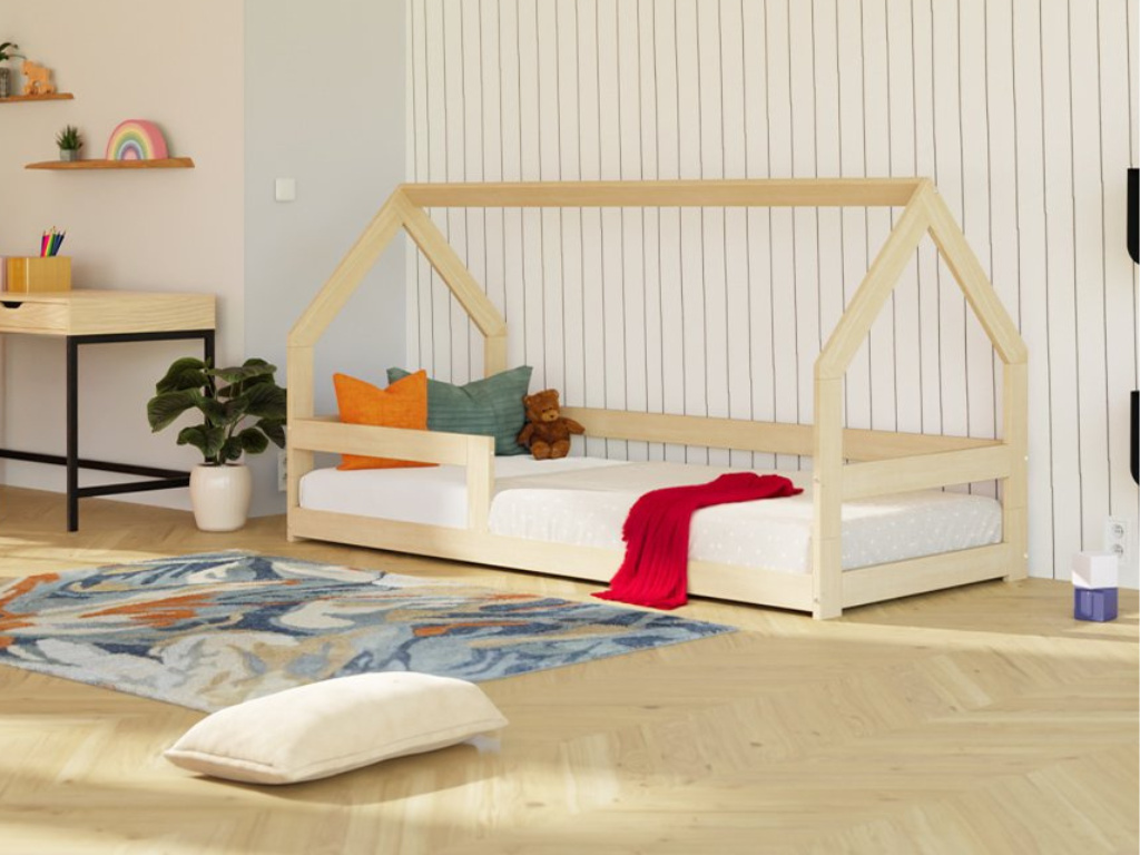 Niedriges Hausbett SAFE 8-in-1 aus Holz mit Barriere 90x190 cm Marineblau, Mit offenem Eingang
