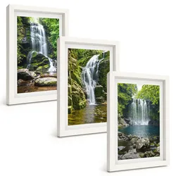 BILDER SET 3er Set - 20x30 cm Weißer Rahmen - Wasserfälle, grüne Umgebung