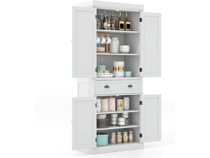 GOPLUS Buffet Haut de Cuisine avec 4 Portes et 2 Tiroirs 76x40x183CM-Étagères Réglables pour Salle à Manger/Cuisine Blanc
