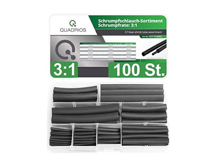 QUADRIOS GmbH Krimpkousenset, assortiment doos, 100 stuks, hoge krimpverhouding 3:1, overzichtelijk gesorteerd in assortimentsdoos, industriële kwaliteit, halogeenvrij