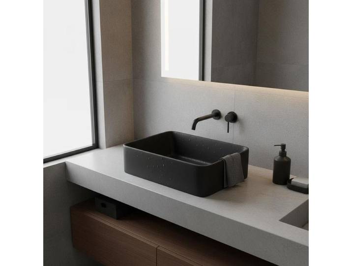 Lavabo de luxe noir mat 41x30x12 cm en céramique, lavabo surélevé en céramique de luxe noir mat, design rectangulaire moderne, robuste, facile d'entretien, élégant pour salle de bain et buanderie