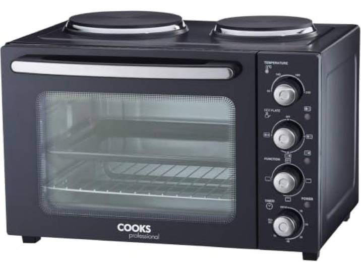 Cooks Professional Tragbarer Mini-Ofen mit Kochplatten elektrischer Tischbackofen mit zwei Kochplatten & Backrost sowie Backblech Kompakter Backofen 34 l Fassungsvermögen Schwarz und Silber