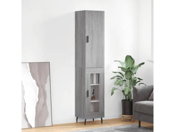 Stabiles Highboard mit Wandhalterung, Modernes Highboard mit praktischer Tür, Weißes fürs Wohnzimmer, aus Holzwerkstoff mit Metallfüßen, Elegantes mit Stauraum in Grau