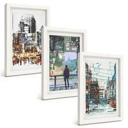 BILDER SET 3er Set - 20x30 cm Weißer Rahmen - Moderne Städte, bunte Charaktere