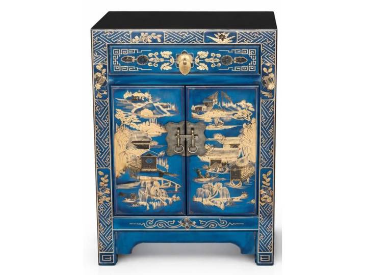 Fine Asianliving Table de Chevet Chinoise Bleue Peinte à la Main avec Scène de Village L40xP32xH60cm