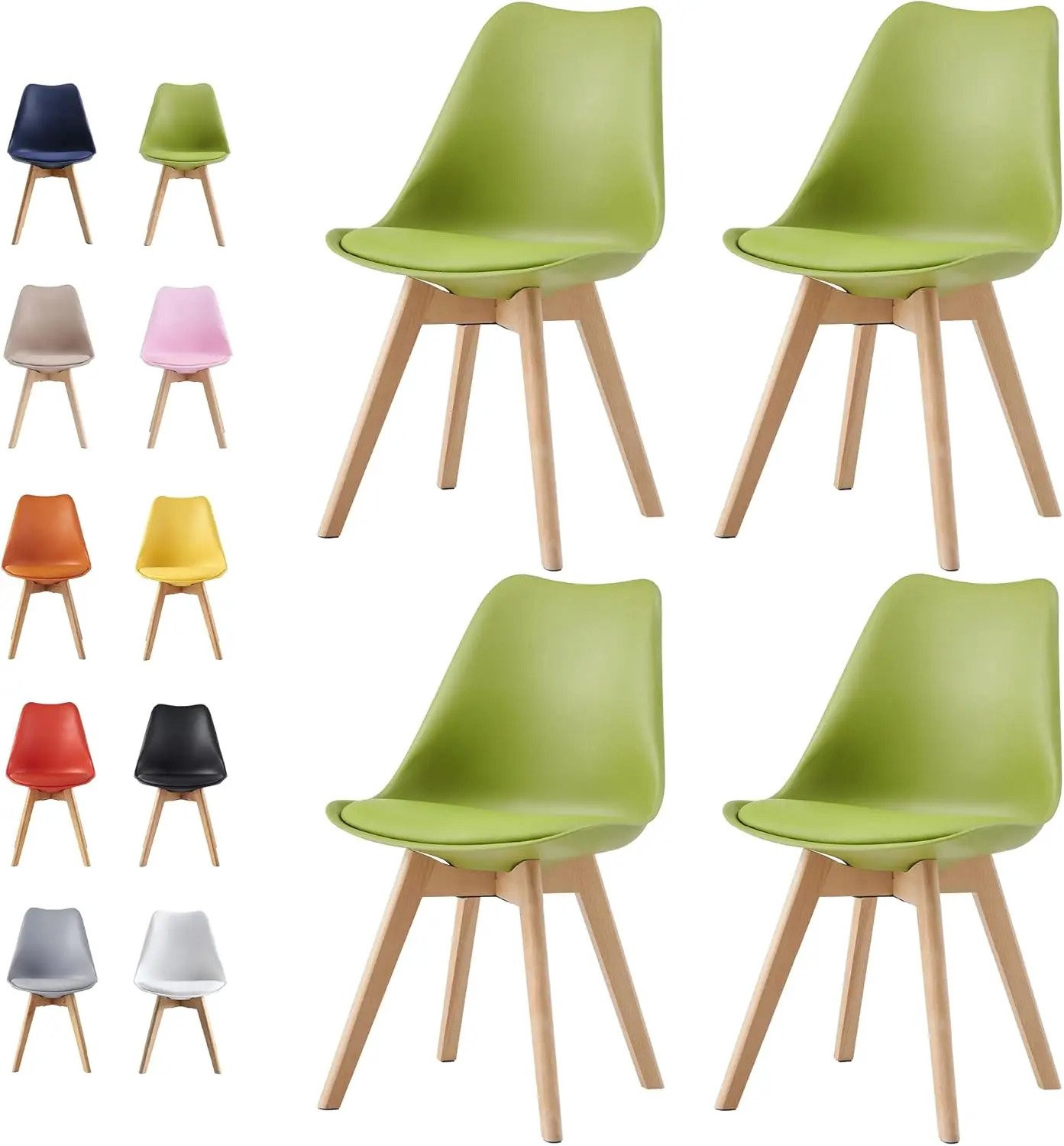 Gudalio Eetkamer Stoelen Set van 4 - Groen - Scandinavische Kuipstoelen met Houten Poten en Zacht Zitkussen