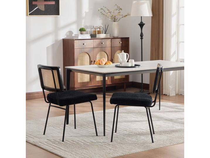 Bladez - Chaise de salle à manger moderne lot de 2 chenille ivoire rotin sans accoudoirs - Noir