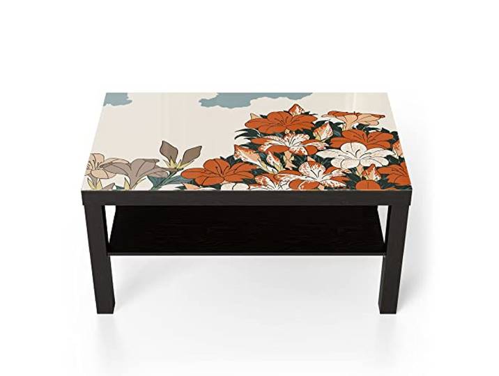DEQORI Glastisch schwarz groß 90x50 cm Motiv Azaleen und Kuckuck ausgefallener Beistelltisch aus Glas Hochglanz Couchtisch fürs Wohnzimmer moderner Couch Tisch mit Design