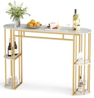 Costway 60 Inch Long Bar Table Narrow with Faux Marble Tabletop and Storage Shelves-White