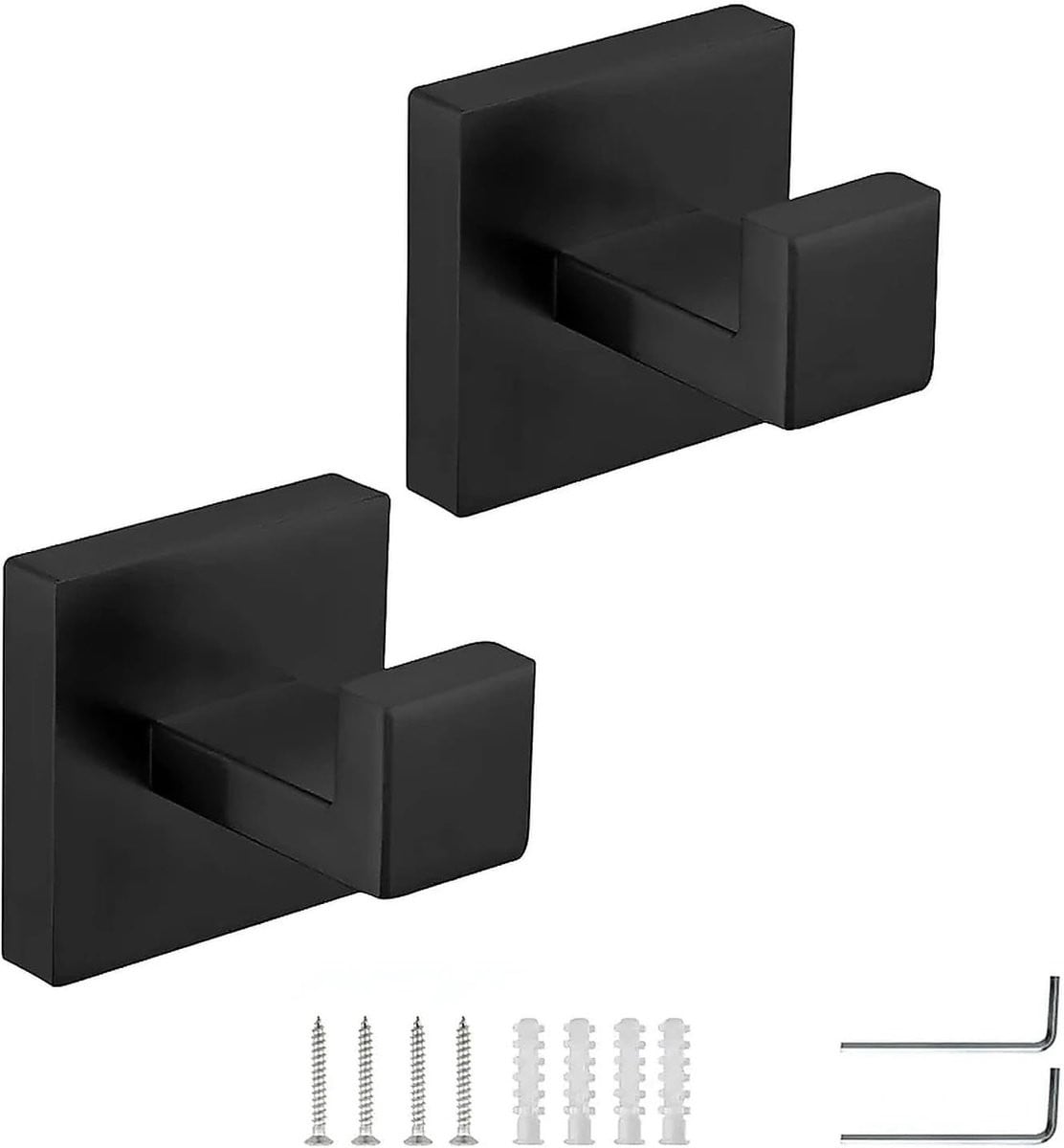 Set van 2 zwarte handdoekhaken van RVS met vierkante basis voor badkamer, keuken of toilet