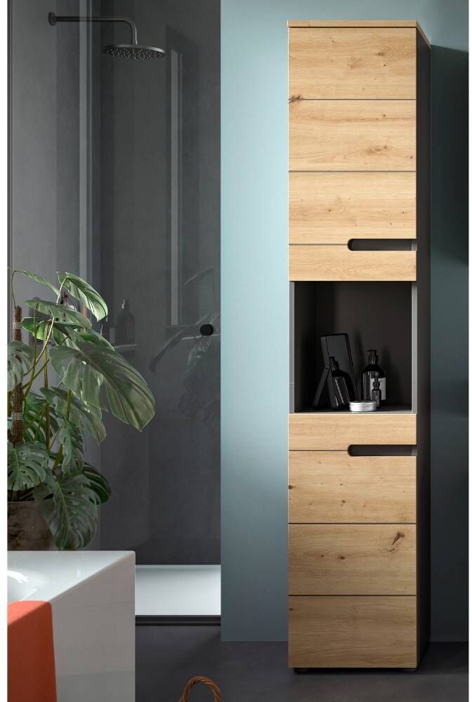 Pharao24.de Bad Hochschrank Badezimmer Schrank mit Griffmulden und einem offenen Fach