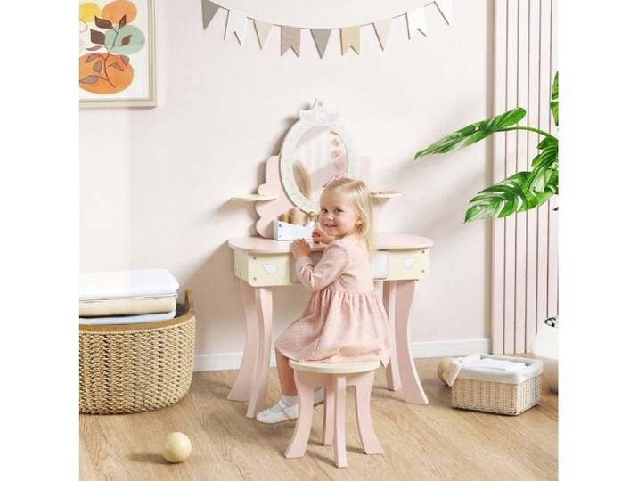 ULEVR coiffeuse enfant 2-en-1 rose avec tabouret miroir amovible tiroir étagère et 7 accessoires