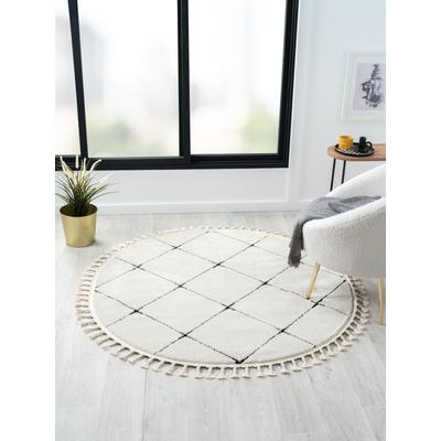 Hochflor-Teppich "Moroccan Square", schwarz-weiß (weiß, schwarz), H:24mm Ø:140cm, Polyester, Polypropylen (PP), MYFLAIR MÖBEL & ACCESSOIRES, Teppiche, modernes Rauten Design, weich, mit Fransen, auch in rund