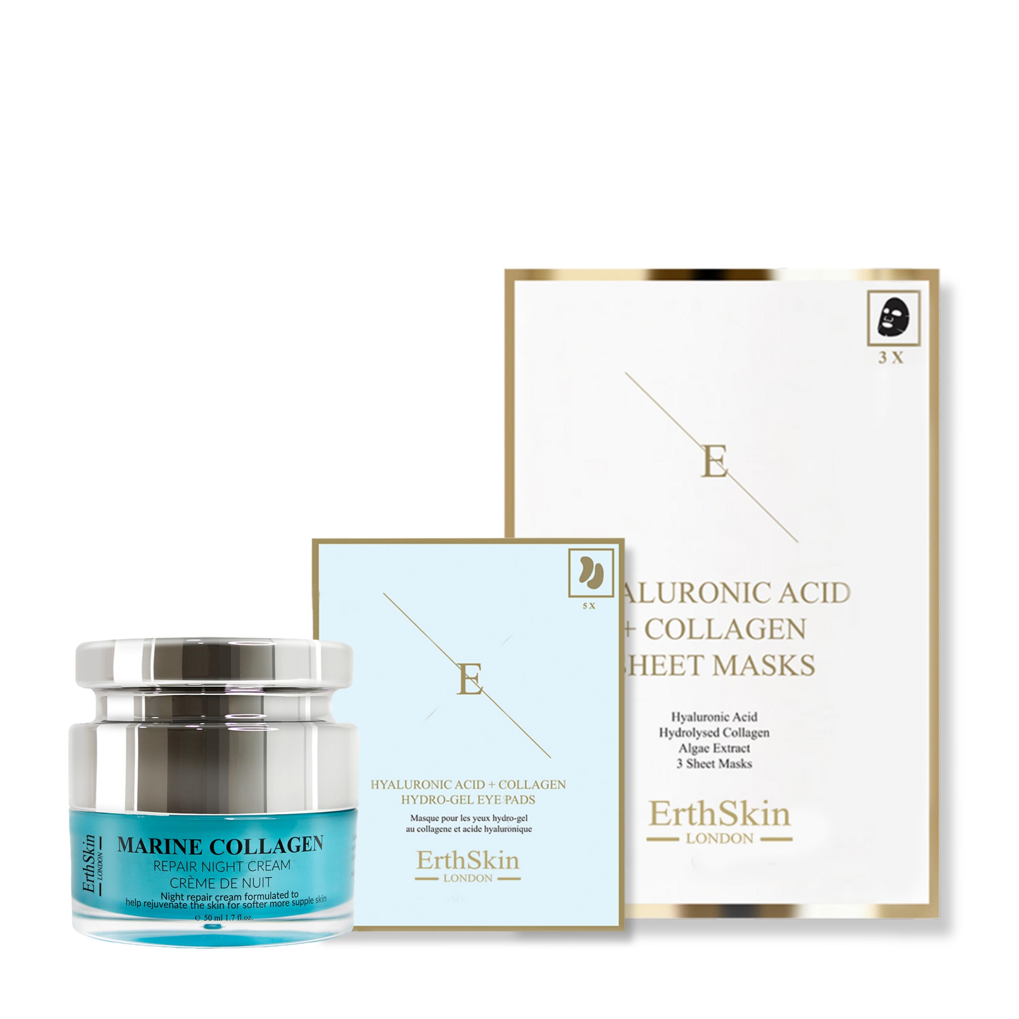Marine Collagen Nachtcreme 50ml+ Hyaluronsäure & Collagen Maske - 3 Blatt + Hyaluronsäure + Collagen Hydrogel Augenpads 5 X 2