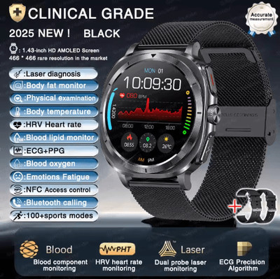 Inspire Picks VitaPulse AI Laser Health Smartwatch ECG PPG Blood Pressure & Body Analysis Watch black Mesh Belt 2a