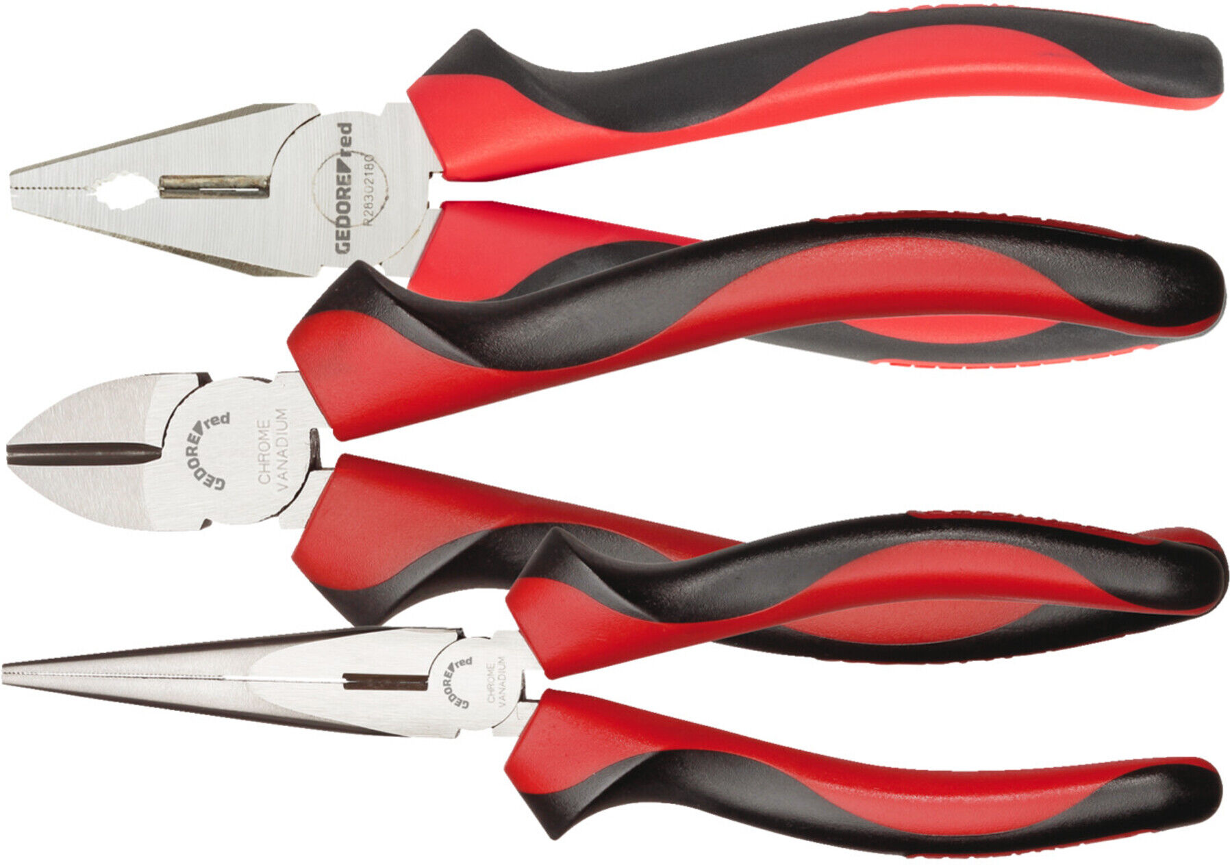Gedore red Zangen-Satz, Werkzeug-Set mit Kombinationszange/Seitenschneider/Flachrundzange, R28002003 (3301155)