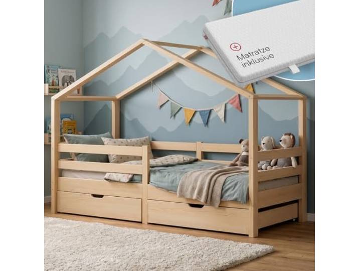 Bellabino Abia Hausbett 90x200 cm, Natur, Matratze, 2 Schubladen, Kiefer Montessori Kinderbett mit Rausfallschutz & Lattenrost, für Jungen & Mädchen, Holzbett, Kinderbettgestell, Kinderzimmermöbel
