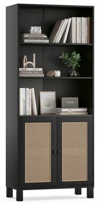 Kodotan sofa Tall Bookcase with Rattan Doors,5 Tier Storage Wood Shelves Large Bookshelf for Library Living Room Bedroom Home Office