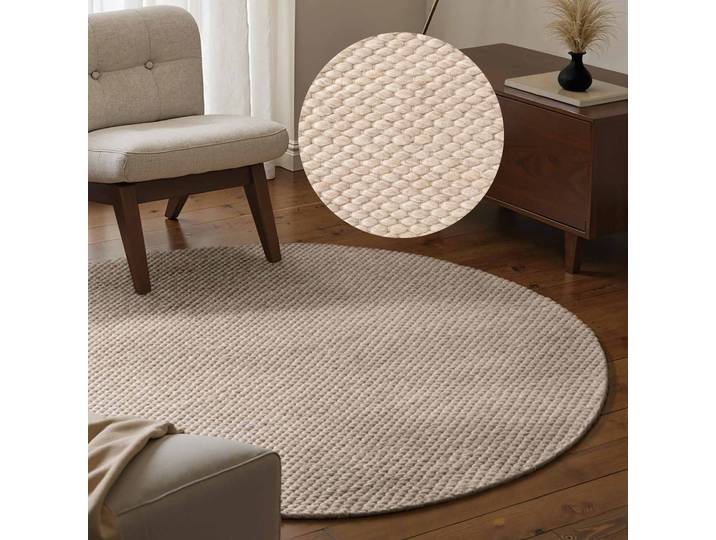 ELLE DECORATION Beans rund 10 mm Höhe Handweb Teppich Wolle, Rund, Perlenstruktur, Wohnzimmer, Schlafzimmer