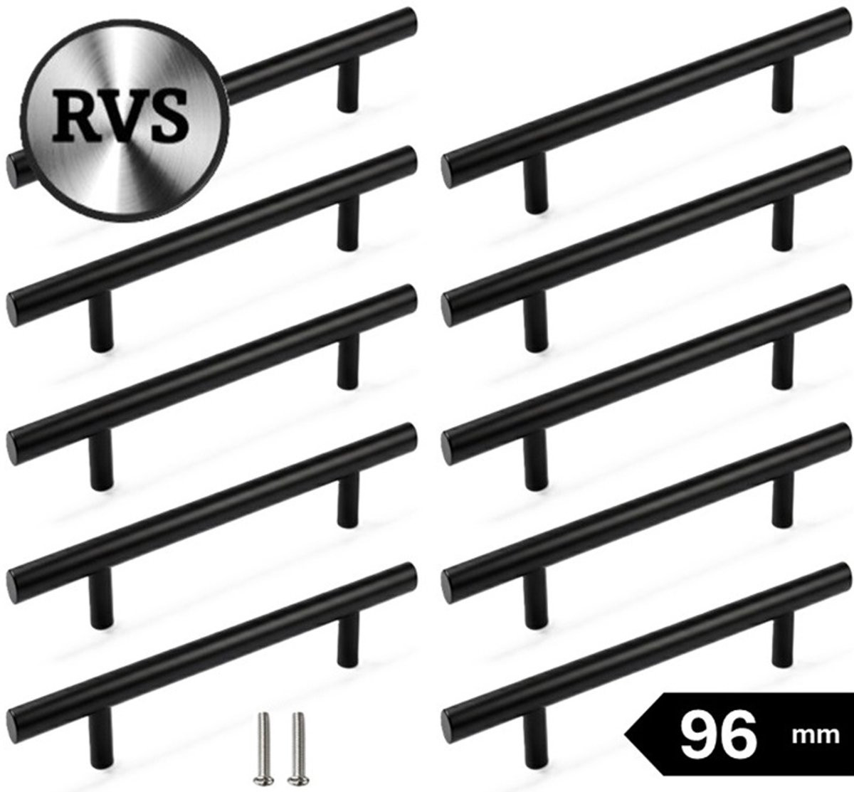 MSQDESIGN Set van 10 T-vorm handgrepen RVS zwart, Lengte: 150 mm, Hartafstand: 96 mm