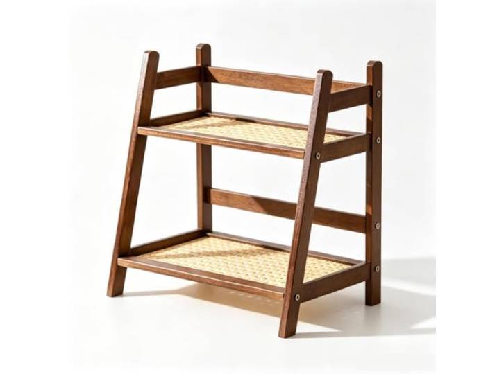 SNDISNV 2-stufiges trapezförmiges Rattan-Desktop-Aufbewahrungsregal Cremefarbener Organizer for die Küchenarbeitsplatte, Make-up-Präsentationsständer(Walnut color)