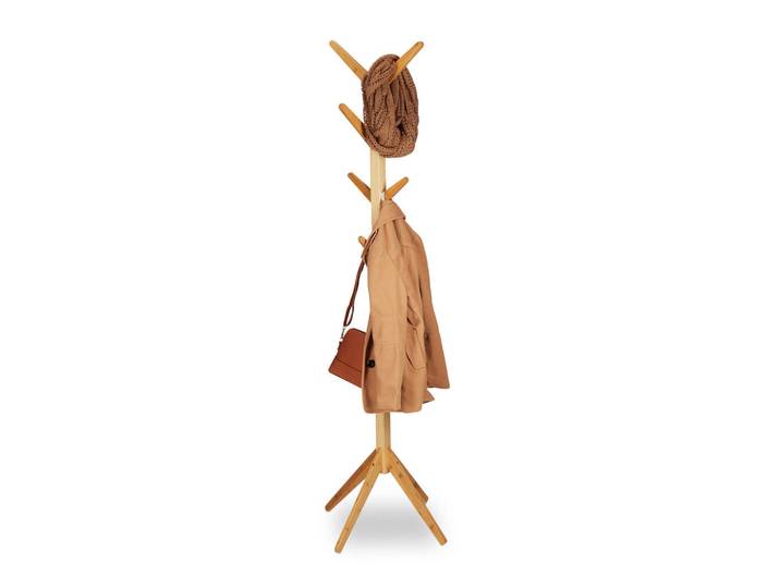 Relaxdays Garderobenständer Natur Bambus 8 Haken, Hellbraun, Holz, 40.5x179x40.5 cm, Garderobe, Garderobenständer