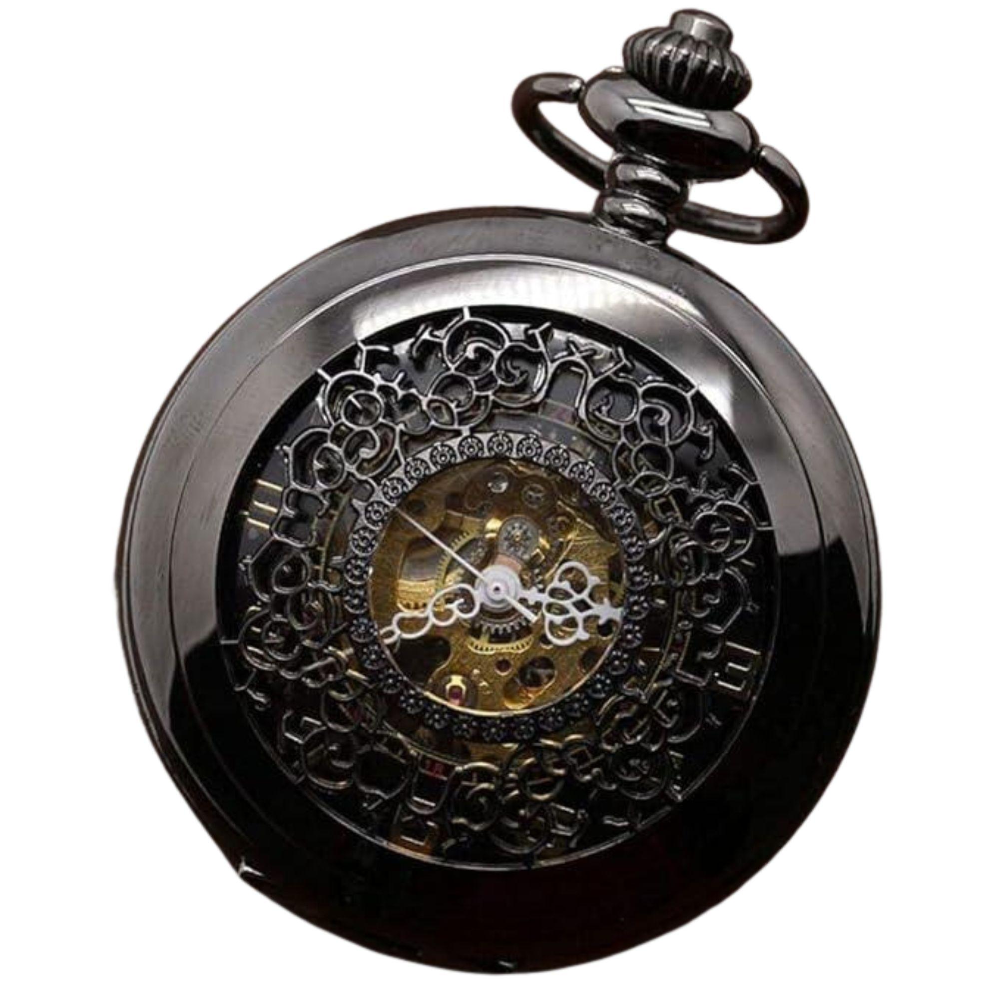 Taschenuhr mit Skelett-Halbjäger-Motiv, Messing, Antik-Optik, Schwarz