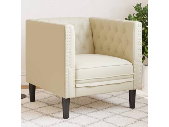 HEFZGDB Chesterfield-Sessel Creme Kunstleder Polsterstuhl mit Knopfheftung und stabilen Beinen für Elegantes Wohnzimmer Langlebiges Kunstleder Bequeme Sitzfläche Entspannung Lesen