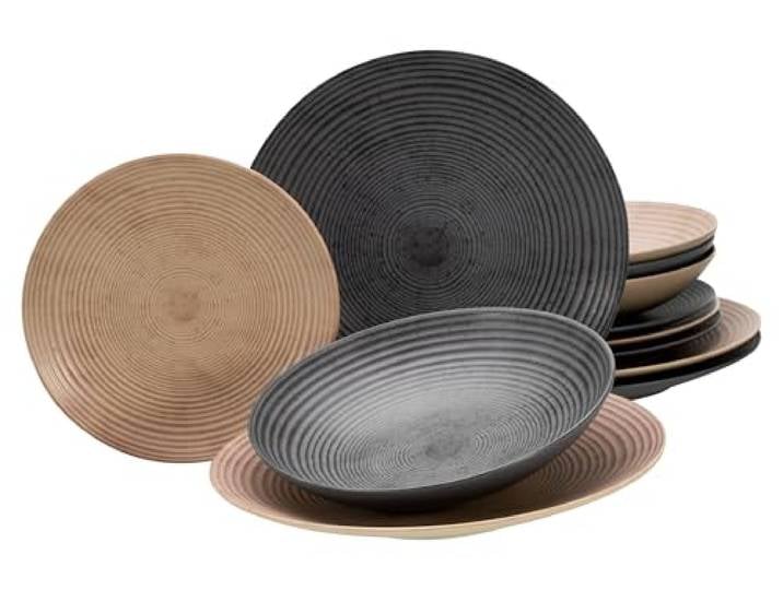 CreaTable\, 13139\, Serie Catania Mix\, Geschirrset\, Teller Set 12 teilig\, Anthrazit & Sand