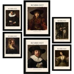 POSTER Set Mit 6 Rembrandt Malergalerie A3 & A4 Schwarzer Rahmen
