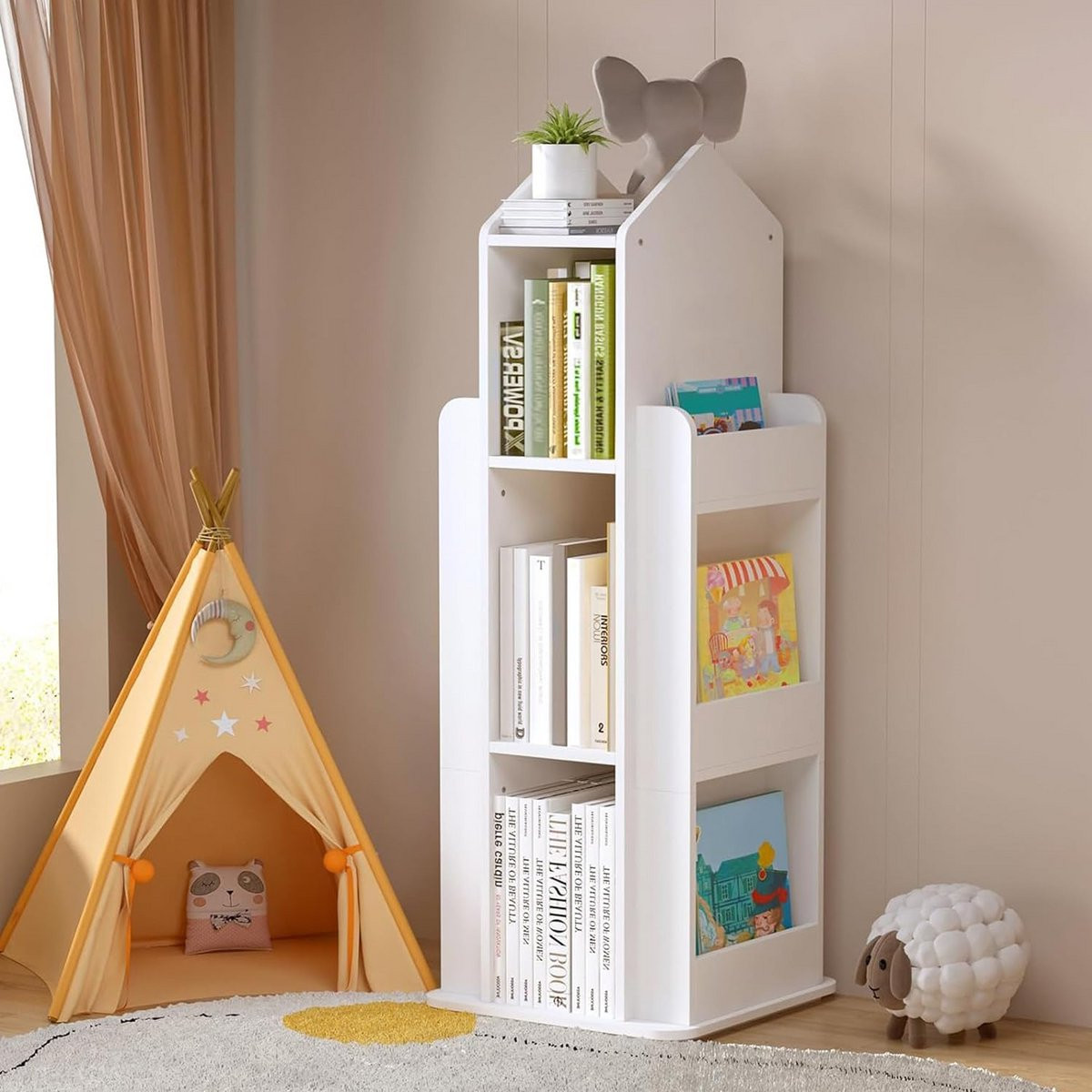 Draaibare Kinder Boekenplank in Huisvorm, 3 Laags, Wit