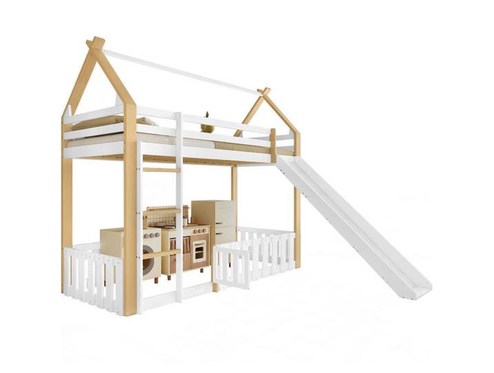 Redom Etagenbett 90/200 cm mit Rutsche, Dachform, Freiraum mit Zaun und Leiter, Weiß/Natur, 90x200 cm, Babymöbel & Kindermöbel, Kinderzimmer & Jugendzimmer, Stockbetten