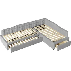 MODFU Polsterbett aus MDF und Flanell, Grau, L-Form 90x200 cm mit Ausziehbett und Schubladen