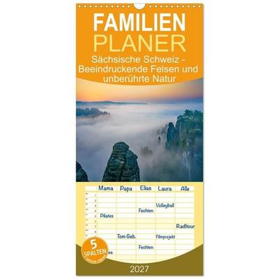 Familienplaner 2027 - Sächsische Schweiz - Beeindruckende Felsen und unberührte Natur mit 5 Spalten (Wandkalender, 21 x 45 cm) CALVENDO